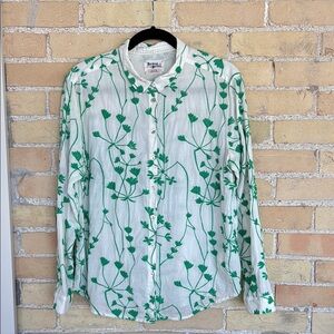 Anthropologie Holding Horses White and Green Embroidered Button-Up Shirt